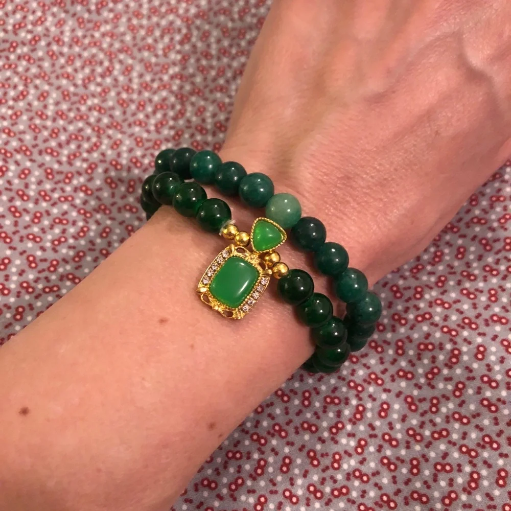 Elegant Green Beaded Bracelet Set of 2 Bracelets